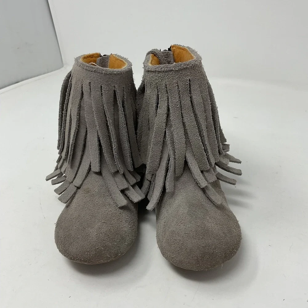 Monkey Feet Kids Gray Suede Fringe Ankle Boots Size 18-24 Months Boho Zipper